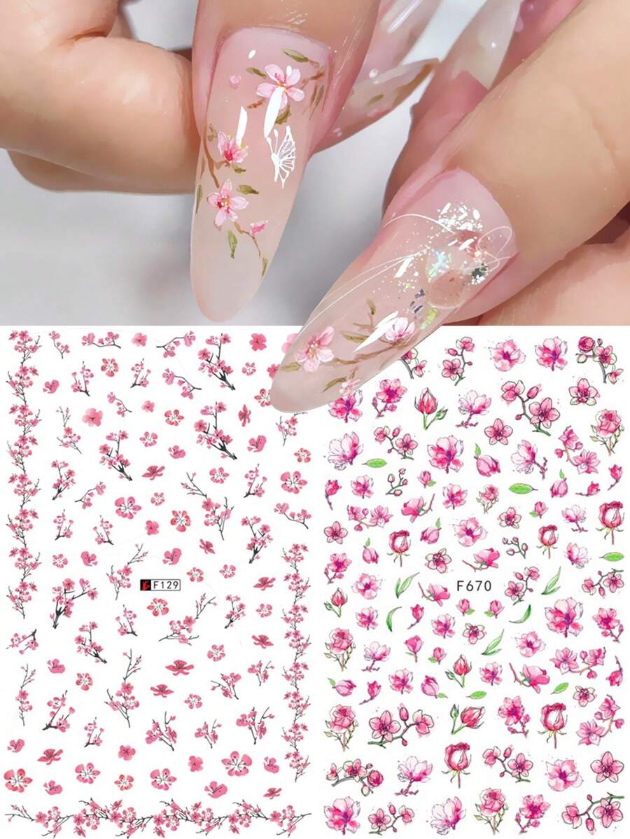 2pcs Cherry Blossom Blooming Flowers Nail Stickers Romantic Decals Nails Art Self-Adhesive Spring Garden Decoration DIY