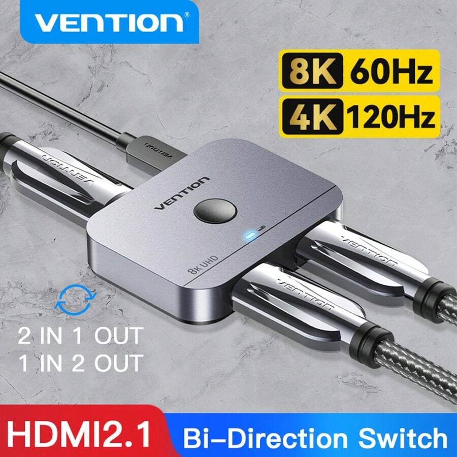 VENTION HDMI Switch 8K@60Hz, HDMI 2.1 Splitter Powered 2 In 1 Out 4K@120Hz 48Gbps Aluminum Bi-Directional Switcher 1 In 2 Out HDMI Hub Compatible With PS4/5 Blu-Ray Player Fire Stick Roku HDTV