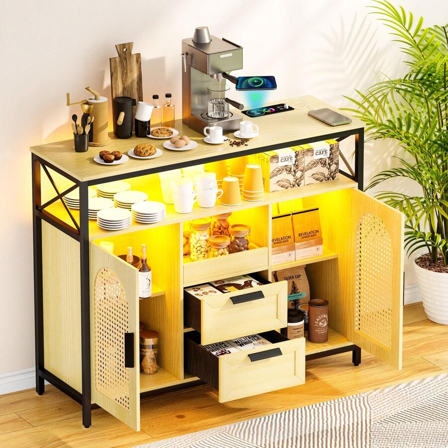 Gurexl 40" RGB Sideboard With Wireless Charging Station,7 Dynamic & 24 Static Dimmable LED Buffet Cabinet With USB-C Ports,Rattan Coffee Bar With 2 Drawers,2 Cabinet,Dark Brown