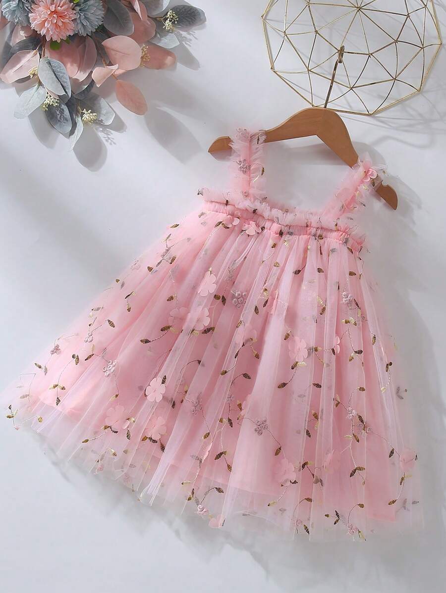 Vestido de tirantes de malla con bordado floral 3D elegante para niñas, adecuado para bodas, cumpleaños, vacaciones, fiestas, graduaciones, verano