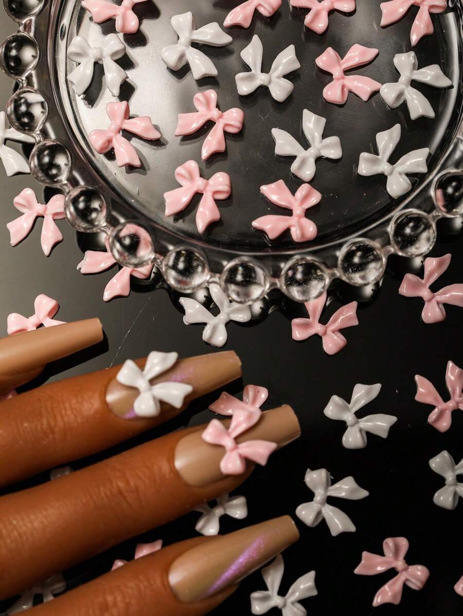 50pcs/Set 3D Y2K Kawaii Pearl Pink And White Bow Smooth Surface Resin Nail Art Decoration Flat Back Simple Cute Two Colors Mixed Together Rhinestone Bow Tie Suitable For Party Women Casual Nail Accessories Art Japanese And Korean Style DIY Nail Charms Nail Gems Nail Supplies