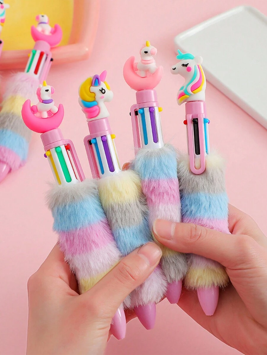 1pc Cartoon Unicorn Plush Ballpoint Pen, With 6 Colorful Ink & Random Color(Style Random),Crayons,Gabby,Girls Toys,Unicorn Stuff,Crayons Colored,Back To School