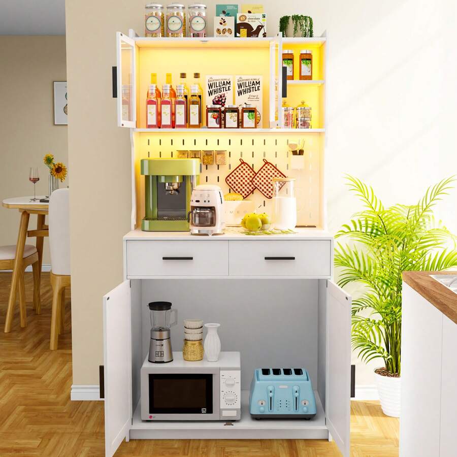 Lvifur 64" Kitchen Pantry With Auto Sensor LED,Storage Cabinets With 2 Outlets For Microwave & USB-C Ports,Hutch Cabinet With Pegboard,2 Cabinet,2 Drawers,1 Large Countertop