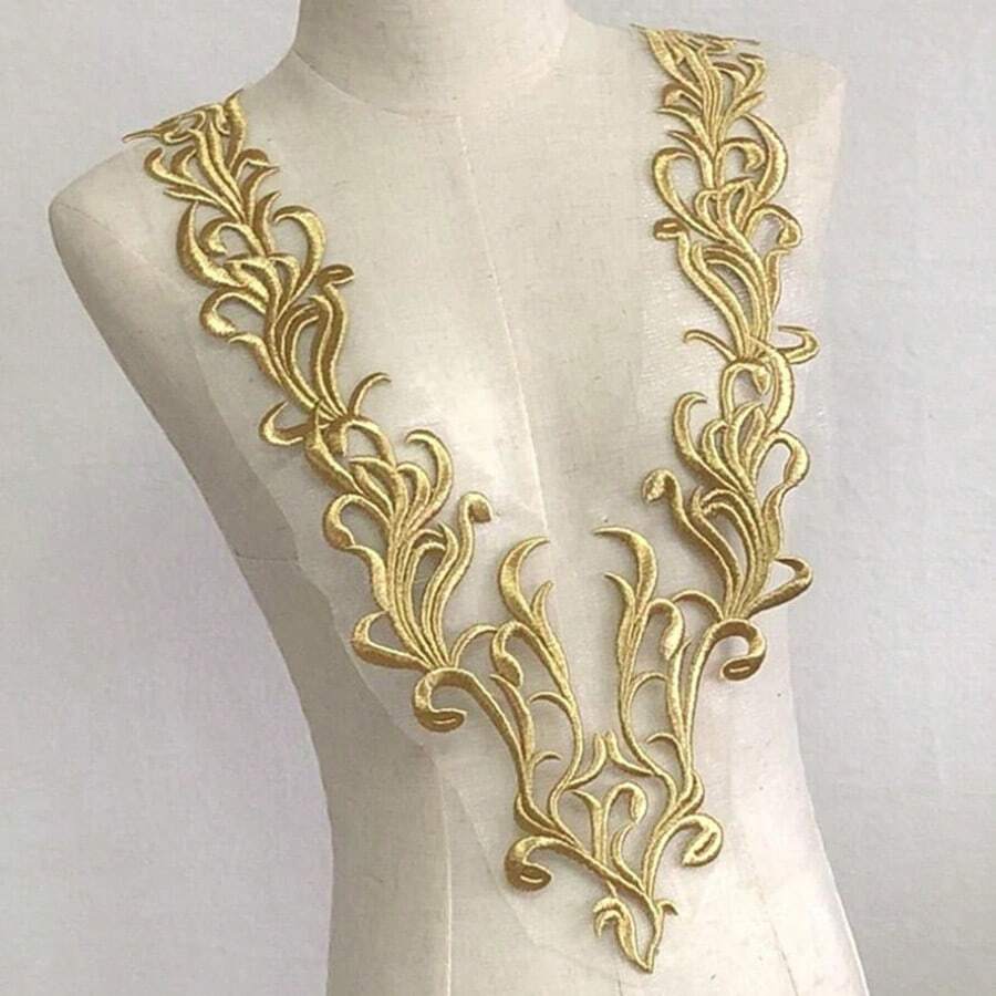 1 Stück schwerer goldfarbener Faden und Mesh Stickerei Applikation Kragenverzierung für Tanzoutfits, dekorative Accessoires für Kleidung, großer Aufnäher zum Selbermachen für Sommer, Schule