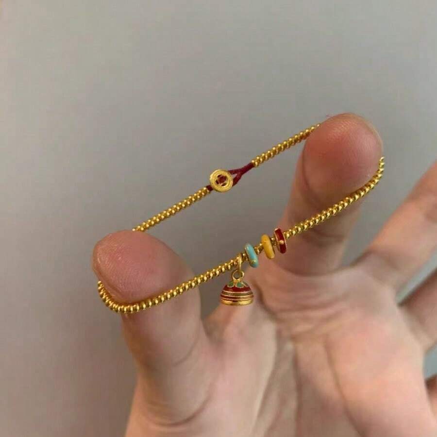 1 Pieza Pulsera De Goteo De Esmalte Plateado De Ley S925 Con Cuentas Doradas, Diseño De Cuentas De La Suerte, Lujo Y Moda