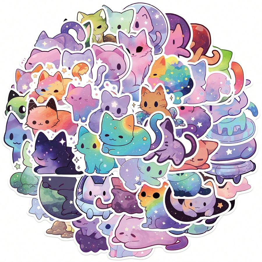 50pcs/Pack Starry Sky Cat Waterproof DIY Creative Doodle Stickers,Guitar Skateboard Water Bottles Bumper Helmet Snowboard Laptop Phone Case Fridge Door Luggage Graffiti Sticker,School Supplies,Back To School