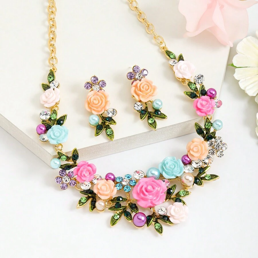 3pcs/Set Elegant Luxury Enamel & Metal 3d Flower Necklace And Earrings Set For Women, Perfect For Banquet And Dinner Parties Stylish And Versatile Valentines