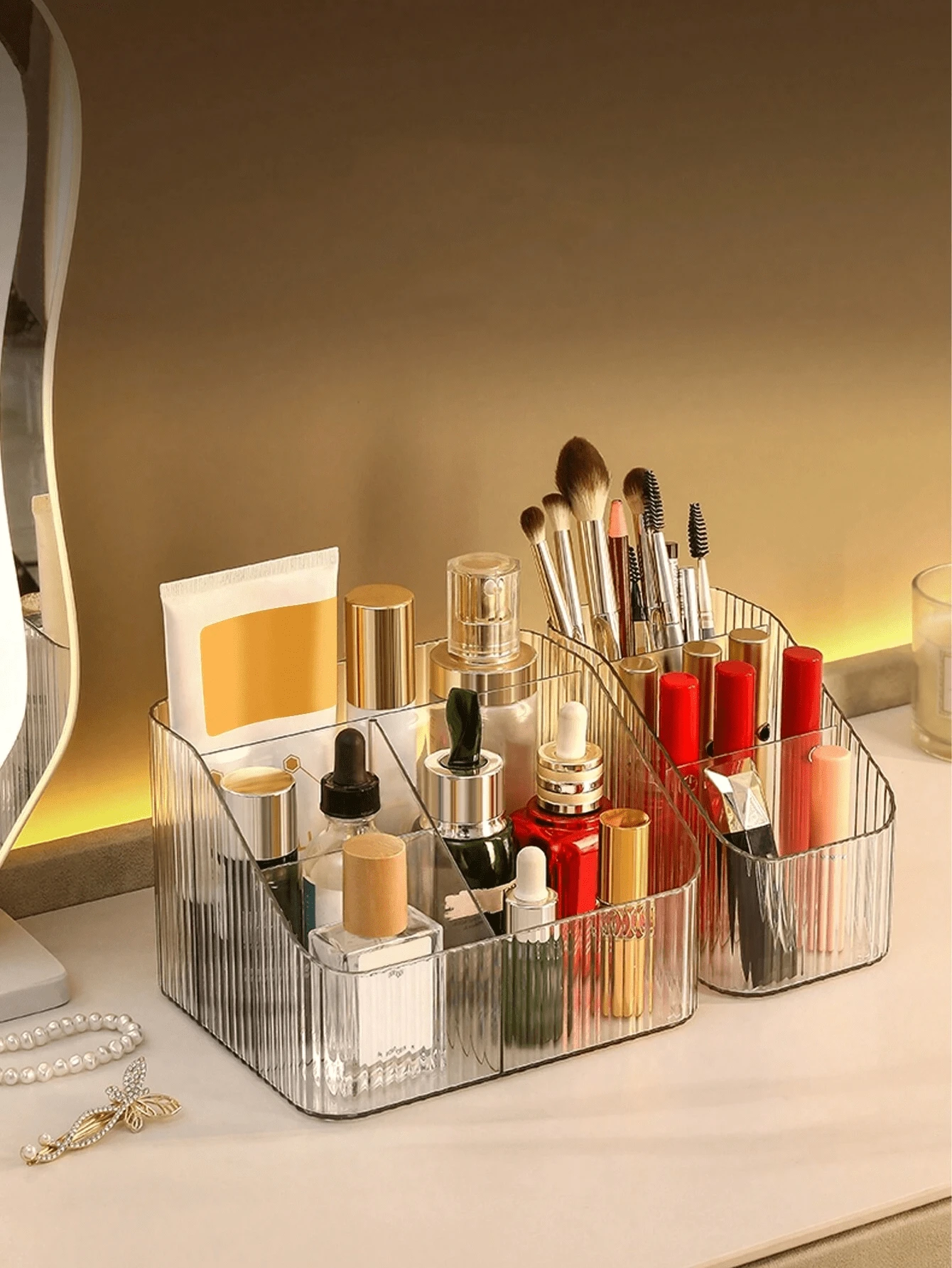 1 pieza Caja de almacenamiento transparente para organizador de cosméticos, soporte para brochas de maquillaje, artículos de cuidado de la piel y lápices para el escritorio, estuche de almacenamiento de cosméticos, para vacaciones, playa, baño y dormitorio, de gran capacidad