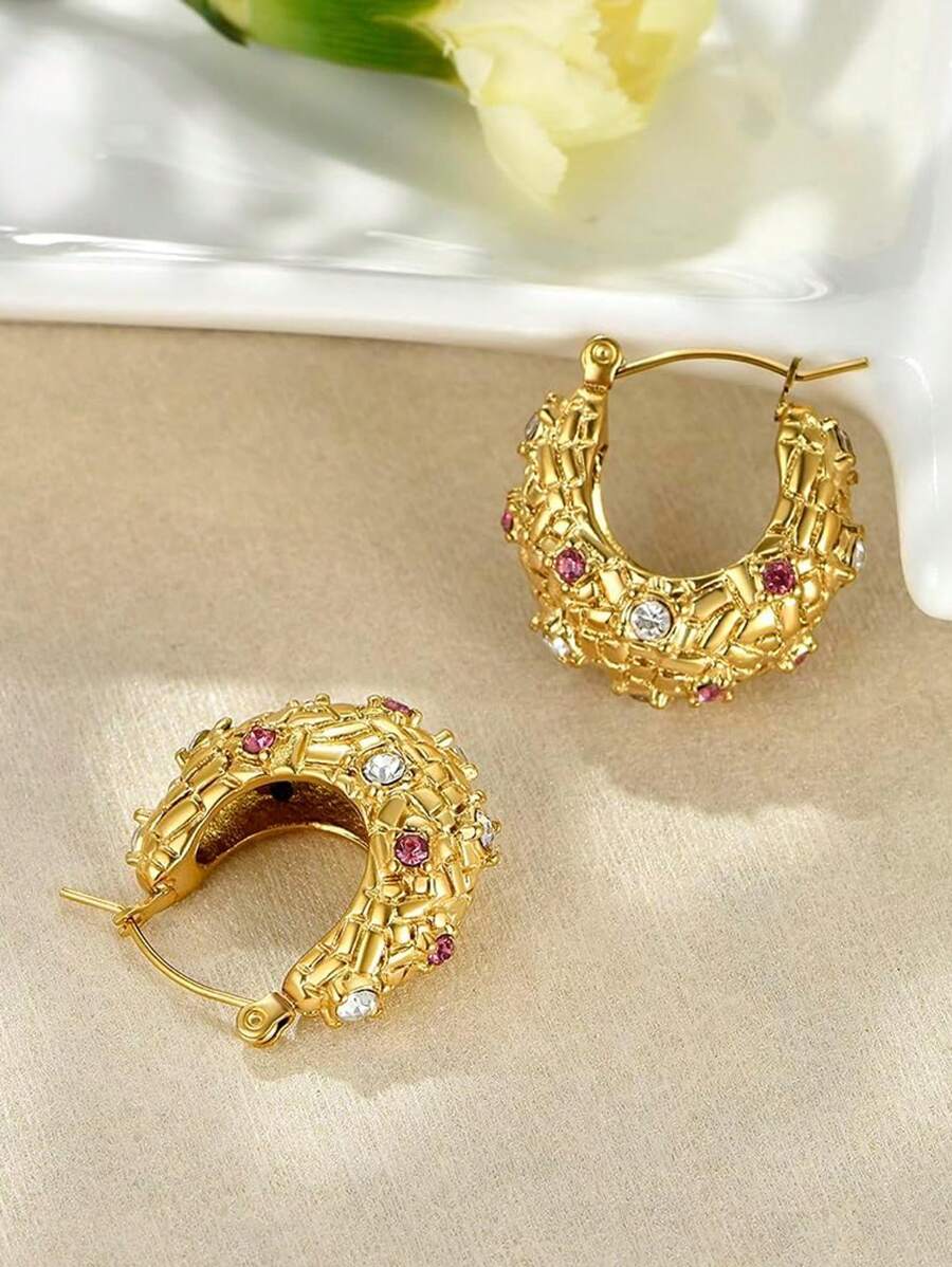 Aretes De Aro De Varios Colores De Circonita Cúbica Incrustados En Oro De 18k Para Mujer, Con Textura De Alta Gama Y Elegante Como Regalo Exquisito De Joyería, Acero Médico 316l, Hipoalergénico