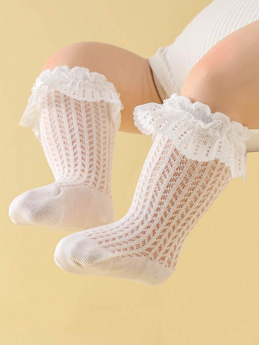 1pair Soft, Breathable, Solid White Princess Style Over-The-Knee Socks For Baby Girls