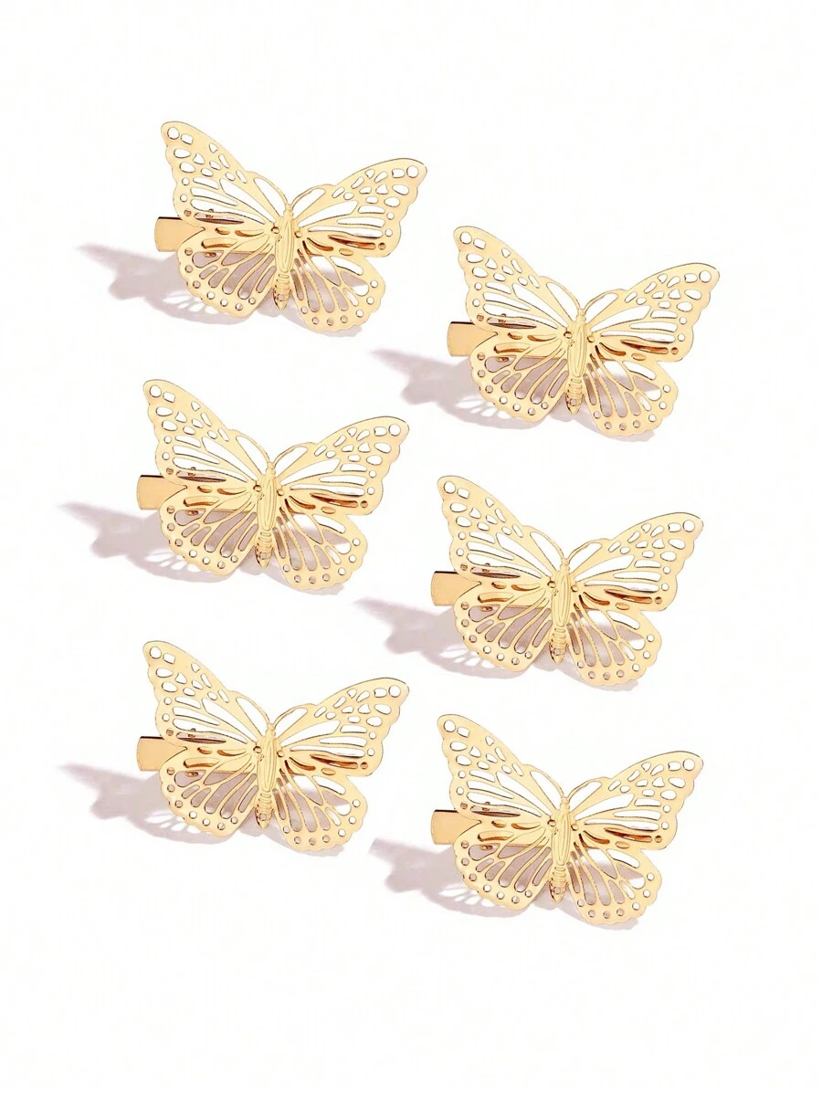 6pcs/Set Women's Solid Color Metal Hollow Out Shiny Butterfly Edge Hair Clip, Y2k Street Side Hairpin, Fashionable Personalized School Style, Suitable For Party, Ball, Daily Use Elegant Bow