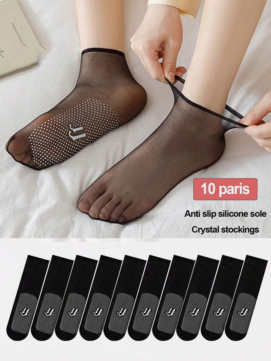 10 Par/pack Calcetines Transparentes De Puntos De Gel De Silicona Antideslizantes Para Mujer, Medias De Cristal Ultrafinas Sin Costuras Antideslizantes Para Verano, Longitud Corta Hasta El Tobillo Y La Pantorrilla, Antigancho 5d, Alambre De Acero, Nailon, Seda Helada, Calcetines Invisibles , Calcetines Con Máscara