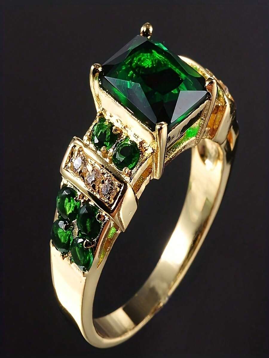 1 Anillo De Boda Unisex Clásico De Estilo Empresarial Con Microincrustaciones De Circonita Cúbica Verde