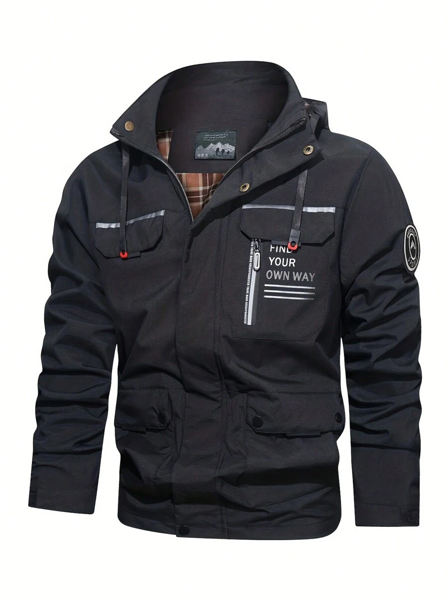 Giacca con cappuccio softshell in stile boyfriend da uomo, con stampa di lettere e dettagli con zip, per uso casual e sportivo, abbigliamento da palestra, stile boyfriend da uomo