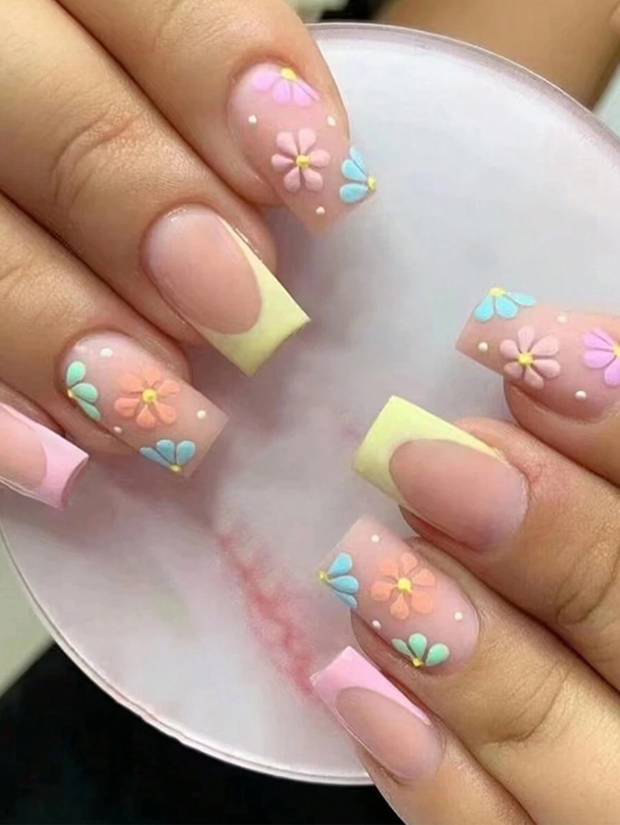 24pcs/Set Colorful & Cute Floral Design Square Medium Length False Nails, French Style For Spring, Including 1pc Jelly Glue & 1pc Nail File Press On Nails Nail Supplies