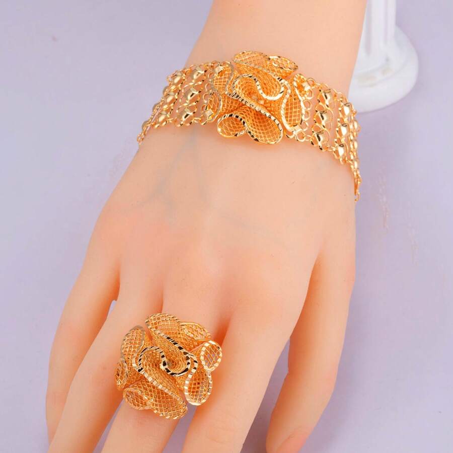 1 set/2 piezas Juego de joyería de brazalete y anillo con forma de rosa 3D chapado en oro de 18k elegante para mujer, estilo India Dubai, color dorado, adecuado como regalo de novia, dama de honor, bendición o San Valentín