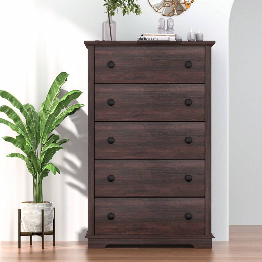 HIFYOBRO 5 Drawers Dresser Chests, Double Anti-Toppling Dressers Cabinets, Tall Closet Dresser With Drawer, Wooden Organizer,Storage Cabinet For Bedroom/Living Room/Nursery/Hallway