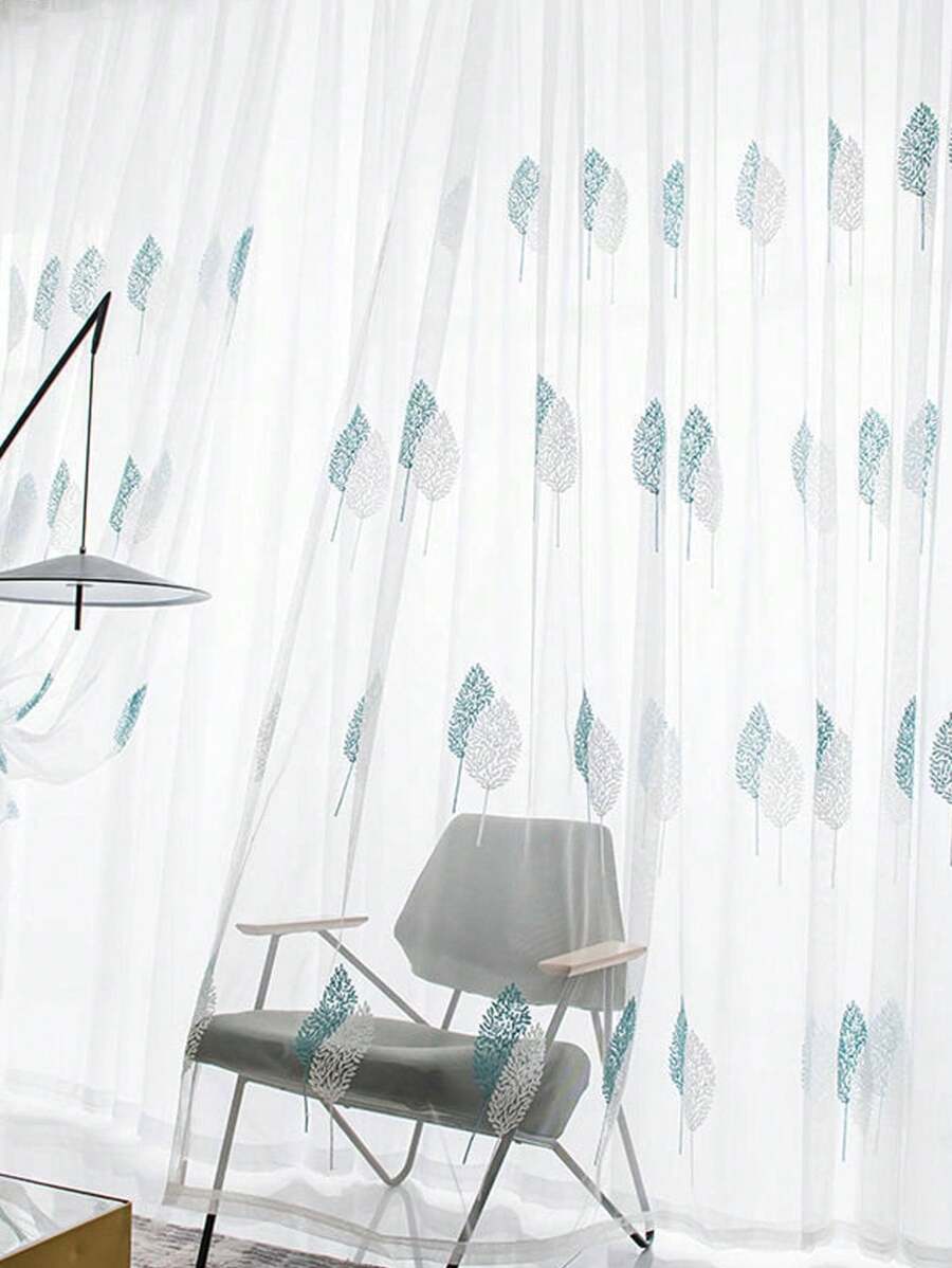 1pc Scandinavian Style Minimalist Modern Small Tree Embroidered Sheer Window Curtain Voile Panel