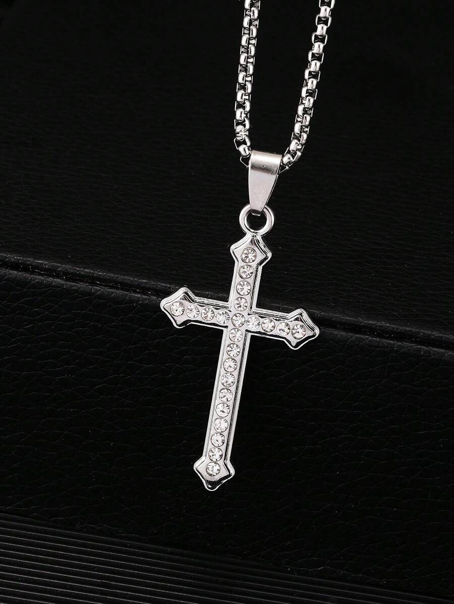 1 Stück Einfaches Cross Anhänger Halskette Mit Diamanten Besetzt, Edelstahl, Vielseitig, High-end, Halskette Für Pullover, Vollständig Mit Diamanten Besetzte Cross Halskette, Europäischen Und Amerikanischen Anhänger Für Männer Und Frauen, Täglich Zu Tragen