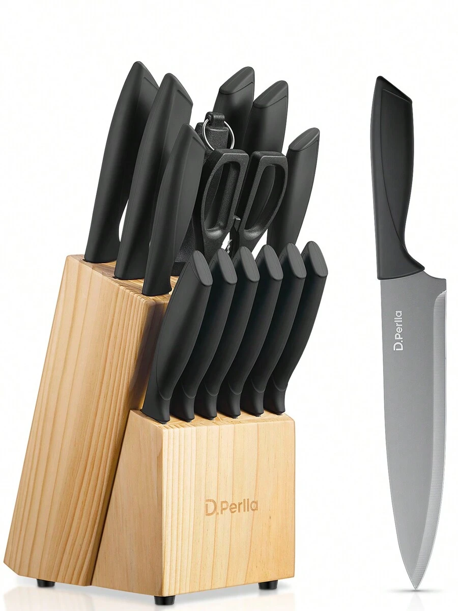 Ensemble de couteaux D.Perlla avec bloc, ensemble de 15 pièces de couteaux de cuisine, lames en acier inoxydable avec revêtement noir anti-adhésif, sans rouille, ensemble de bloc de couteaux aiguisés, du