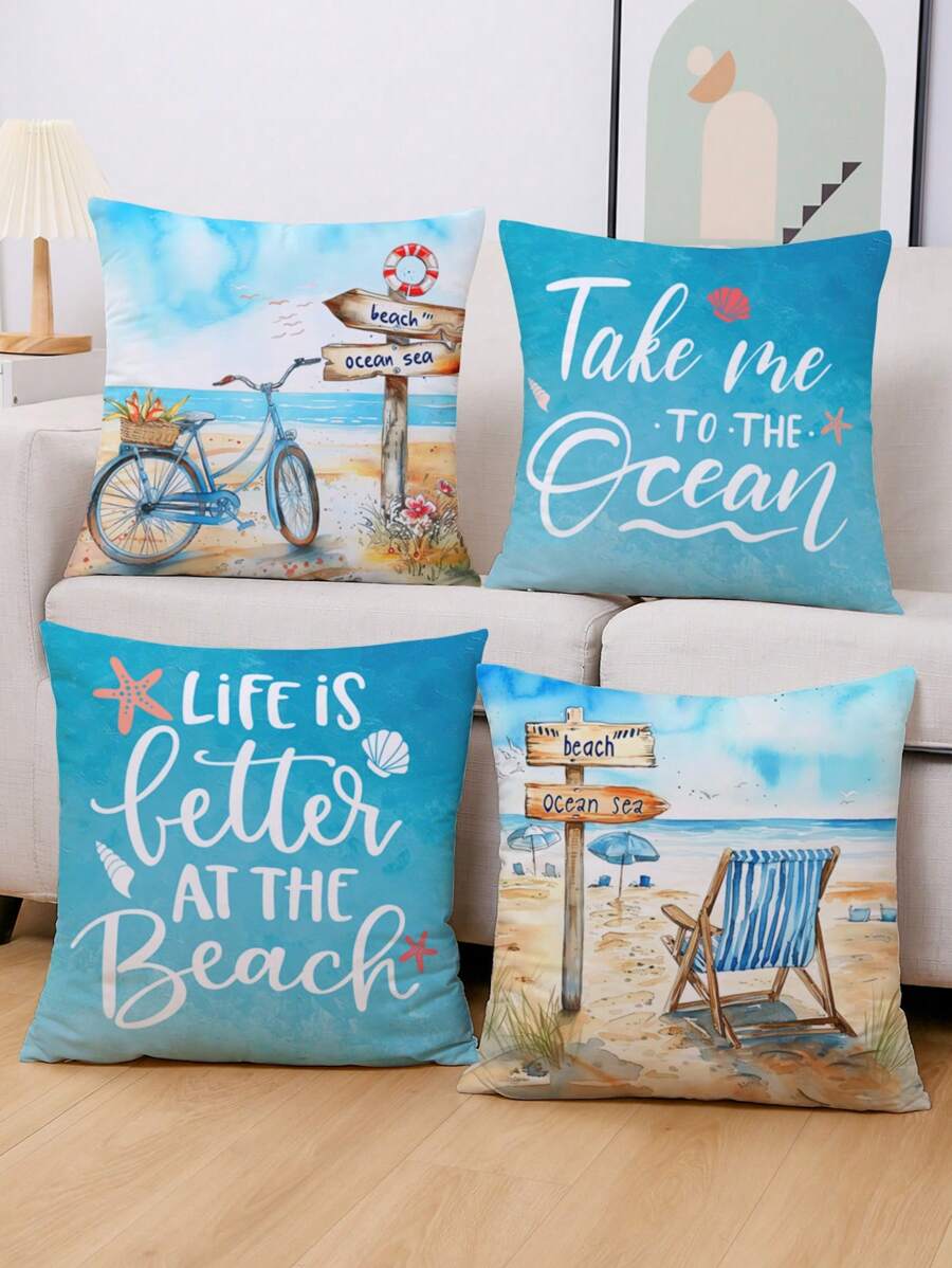 4 Stücke/set Buchstabe & Strandszenerie Kissenbezüge, Moderner Stil Samt Druck Kissenbezug, Heimdekoration Ohne Füllung, Geeignet Für Sofa/schlafzimmer