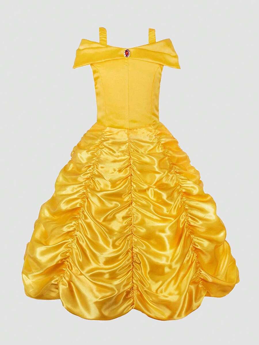 Vestido Formal de Princesa Amarelo com Detalhe Plissado para Jovem Menina