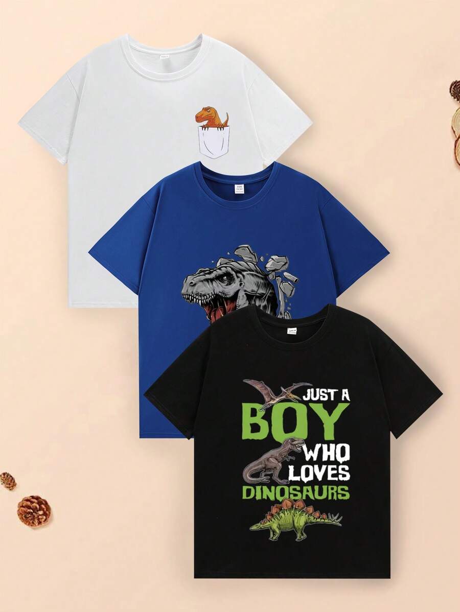 3 st./set Jong Van een jongen Trendy Straatstijl Tekst & Dinosaurusprint T-shirt , 2024 Ronde hals Pullover T-shirts , Lente/Zomer