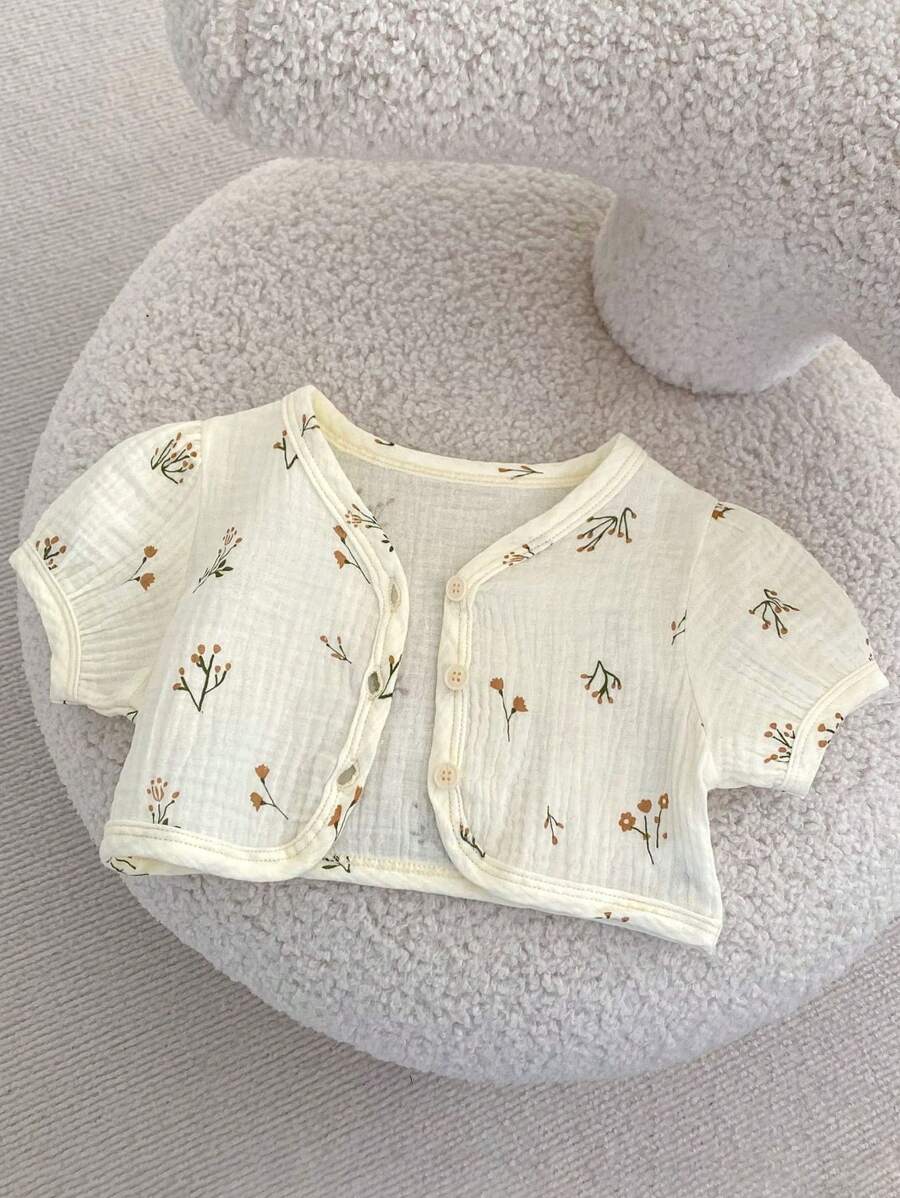 Blusa De Short Acolchada Con Burbujas De Manga Corta Y Estampado Floral De Moda Para Niñas Recién Nacidas De Verano, De 0 A 3 Años
