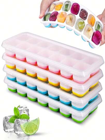 1/2/4pcs Silicone Ice Cube Trays, Easy Release & Flexible, 14-Cavity 4-Color Mixed With Anti-Spill Removable Lids, Stackable With Lid, Kitchen Accessories, Small Kitchen Tools