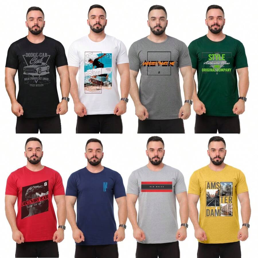 Kit 4 Camisetas Masculinas Gola Redonda Várias Estampas Slim Fit