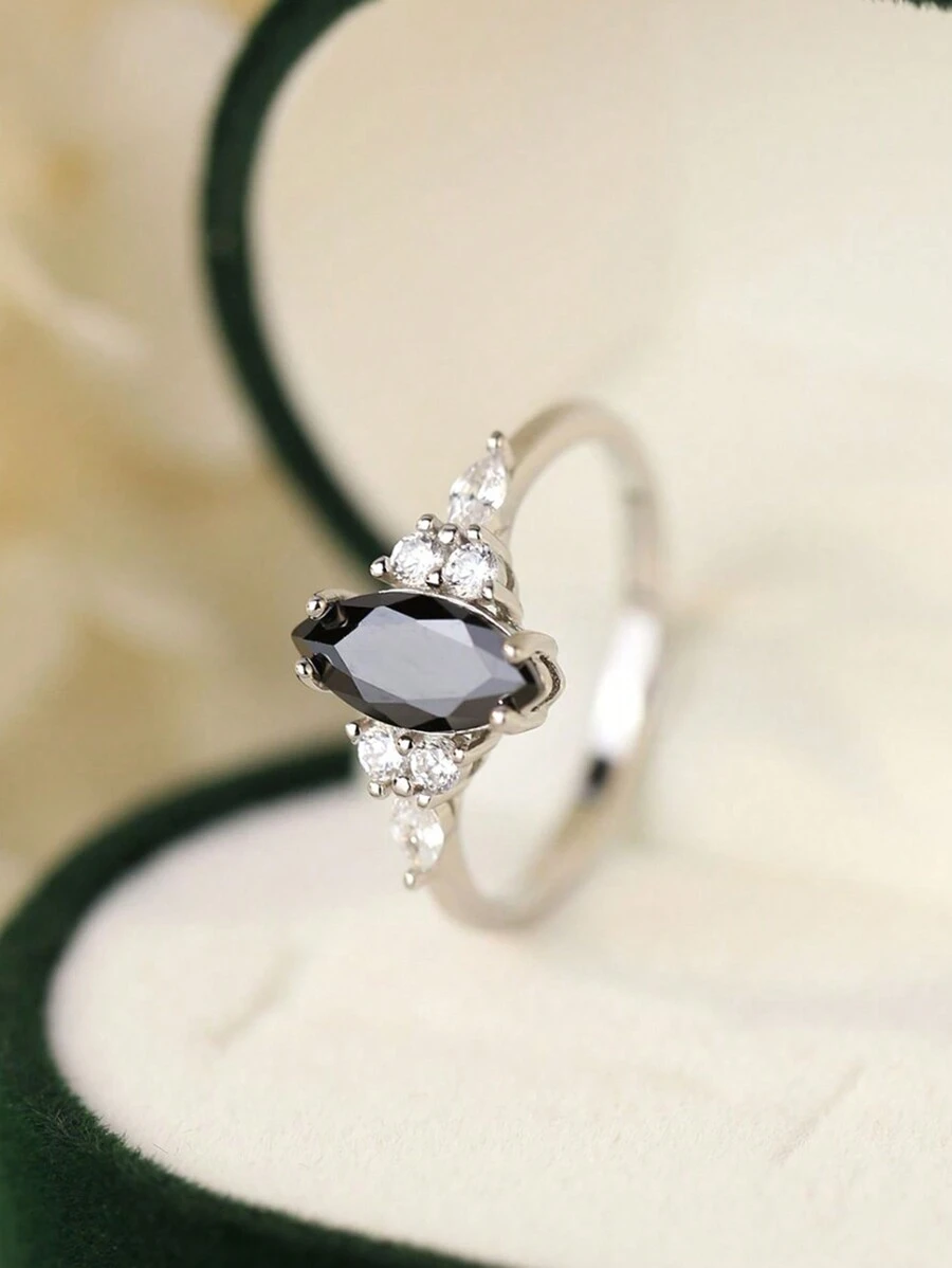 1peça Anel elegante prata esterlina 925 preto oval strass prata para mulheres para festa de formatura banquete