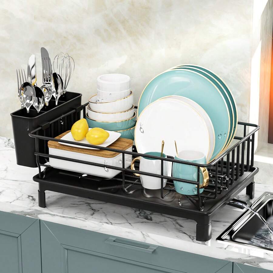 Single-Layer Iron Dish Drying Rack With Cutlery Holder And Drip Tray, Suitable For Kitchen Countertop Storage Rack, Kitchen Accessories