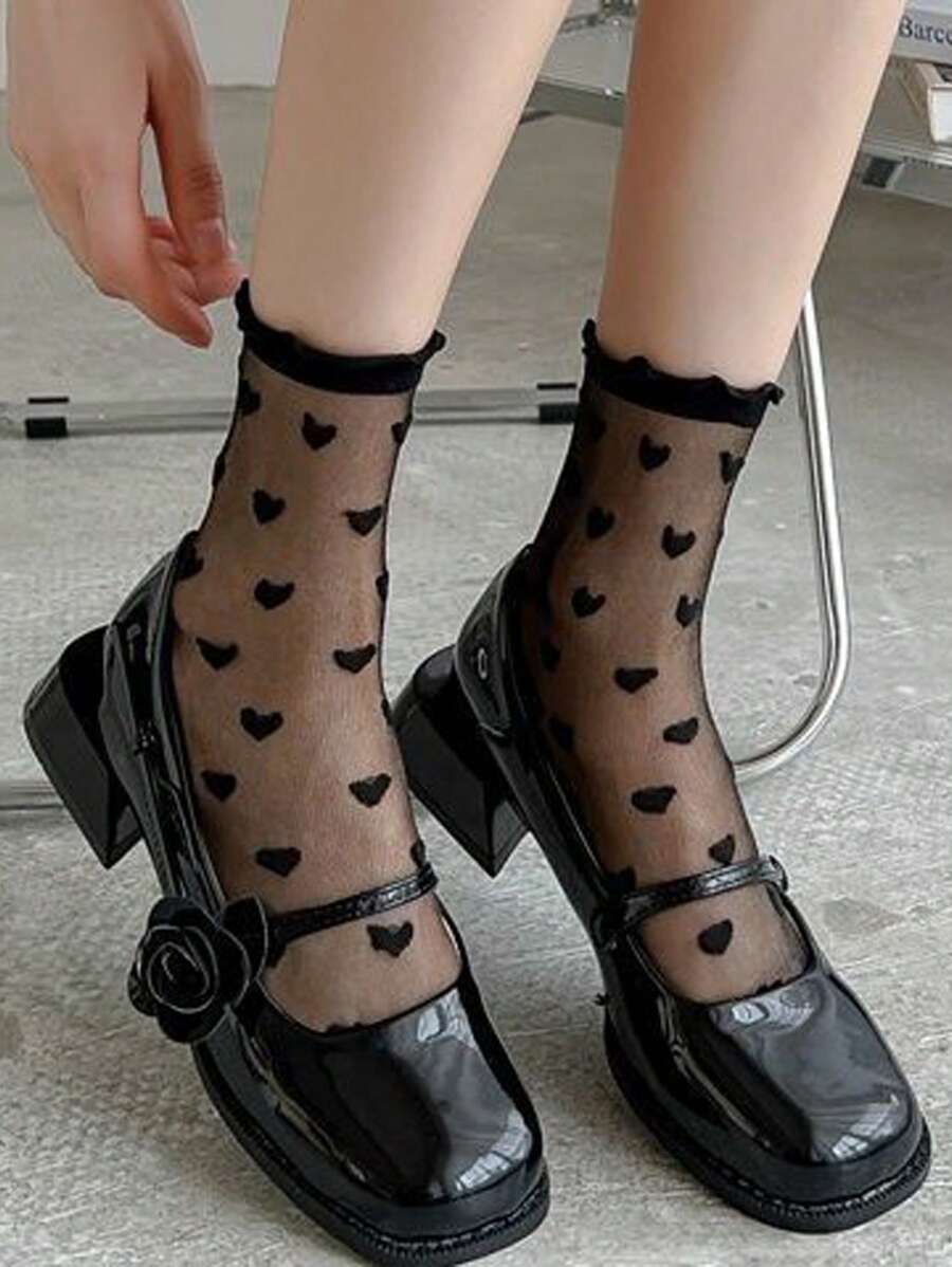 1pair Girl's Ultra-Thin Transparent Black Stockings, White Short Socks, Heart Pattern Pile Socks, Black Mid-Length Socks For Spring And Summer