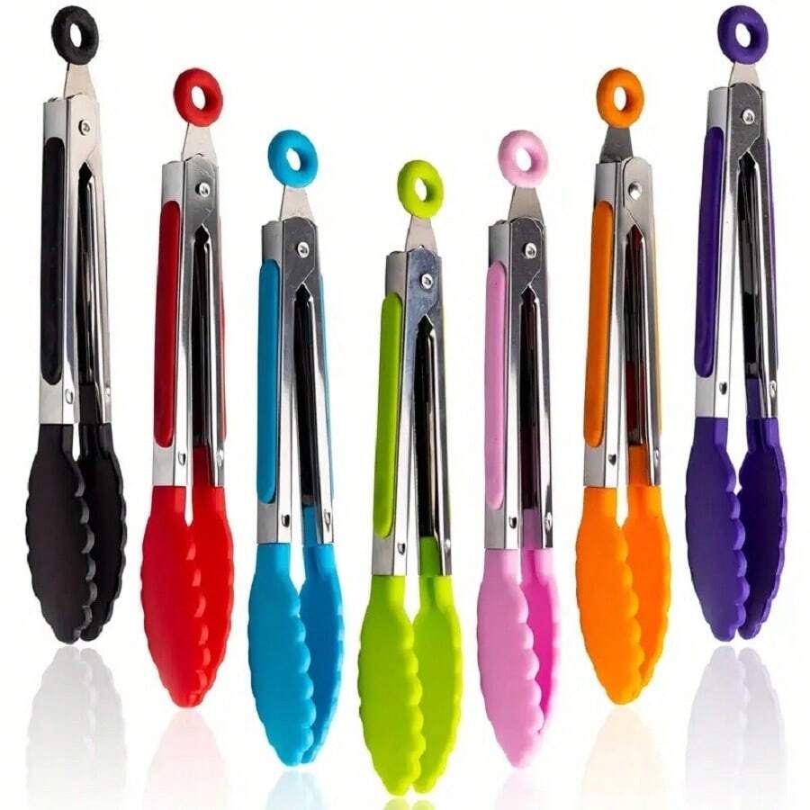 1pc Small Kitchen Tongs, 7-Inch Mini Food Tongs, Heat Resistant Nylon Tips Tongs For Cooking, Serving, BBQ, Grilling, Salad And More, Kitchen Stuff, Baking Tools