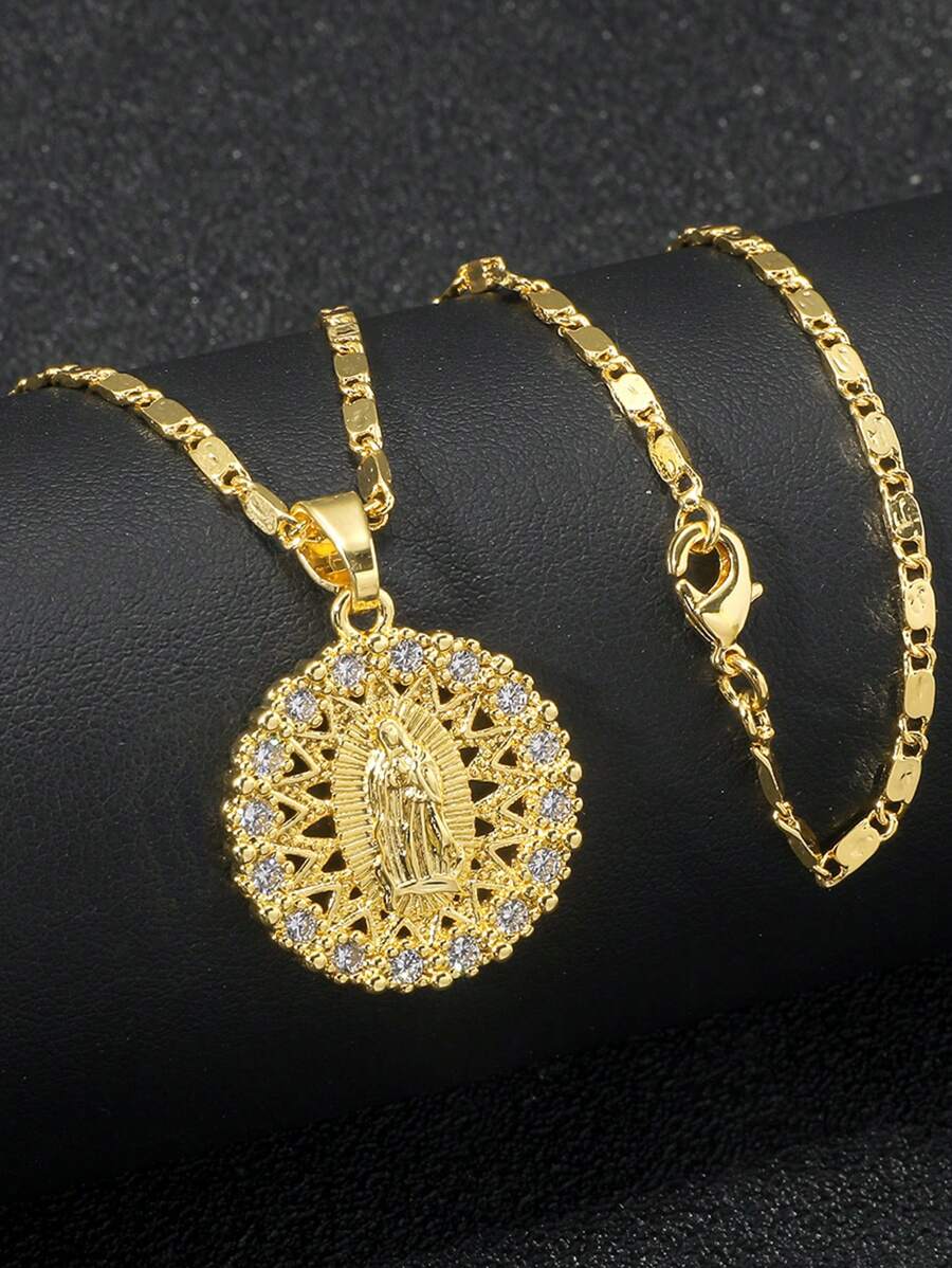 1pc Fashionable Unisex Copper & Cubic Zirconia Round Hollow Out Virgin Mary Pendant Necklace, Premium Rhinestone Vigin Mary Charm Pendant For European And American Style Jewelry