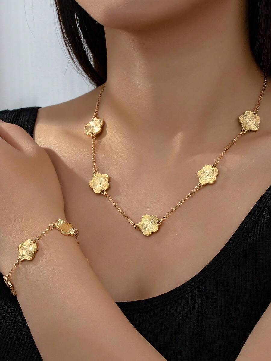Conjunto De Colar E Pulseira Com Design De Trevo E Flor Vintage Fashion Para Festa E Dança, Ótimo Presente Para Mulheres Na Vida Diária, Dia Das Mães, Férias, Reuniões Ou Festa Na Praia, Traga Colar E Pulseira De Grama Da Sorte