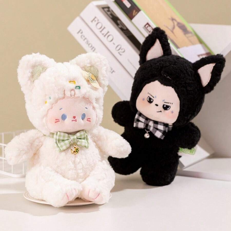 1pc White Cat And Black Dog Couple Stuffed Animals Plush Toys, Birthday