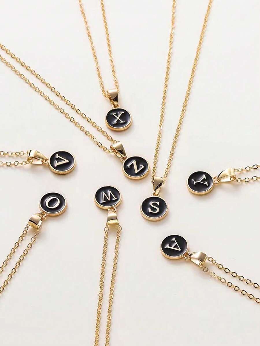 1pc Minimalist Initial Enamel Black A-Z Letter Pendant Necklace For Women, Birthday Gift