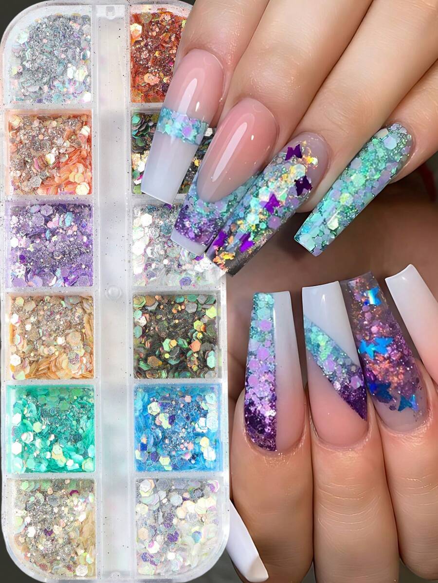 1 Box 12 Grids Colorful Glitter Sequins Nail Art Decoration,Y2K Pink Sparkly Mermaid Mixed Iridescent Hexagon Flakes Holographic Powder Sea Romantic 3D Decorations DIY Nail Charms Nail Gems Nail Supplies