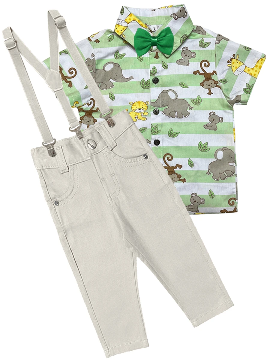 Conjunto Roupa Safari Infantil Menino Festa Aniversário Calça Camisa Suspensório Casamento