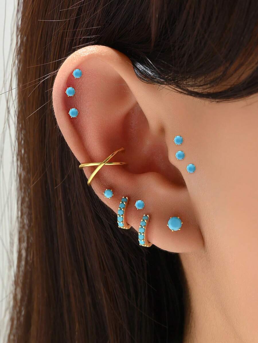 12 Stücke/set Türkis & Cubic Zirconia Ohrstecker Set, Geeignet Für Frauen Date, Täglich, Pendelverkehr Und Party