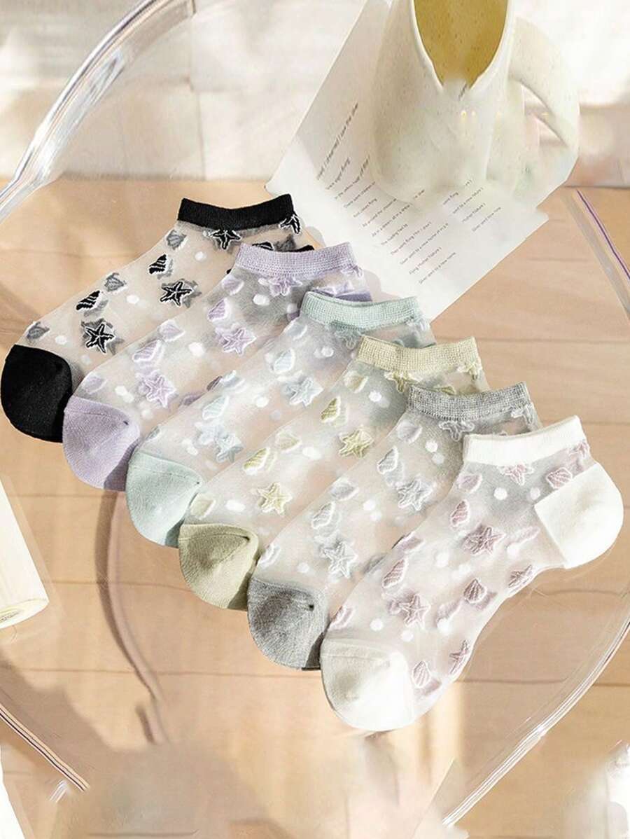 6 Pares De Calcetines De Corte Bajo Decorados Con Estrellas De Mar Y Cristales, Transpirables Y Adecuados Para El Verano