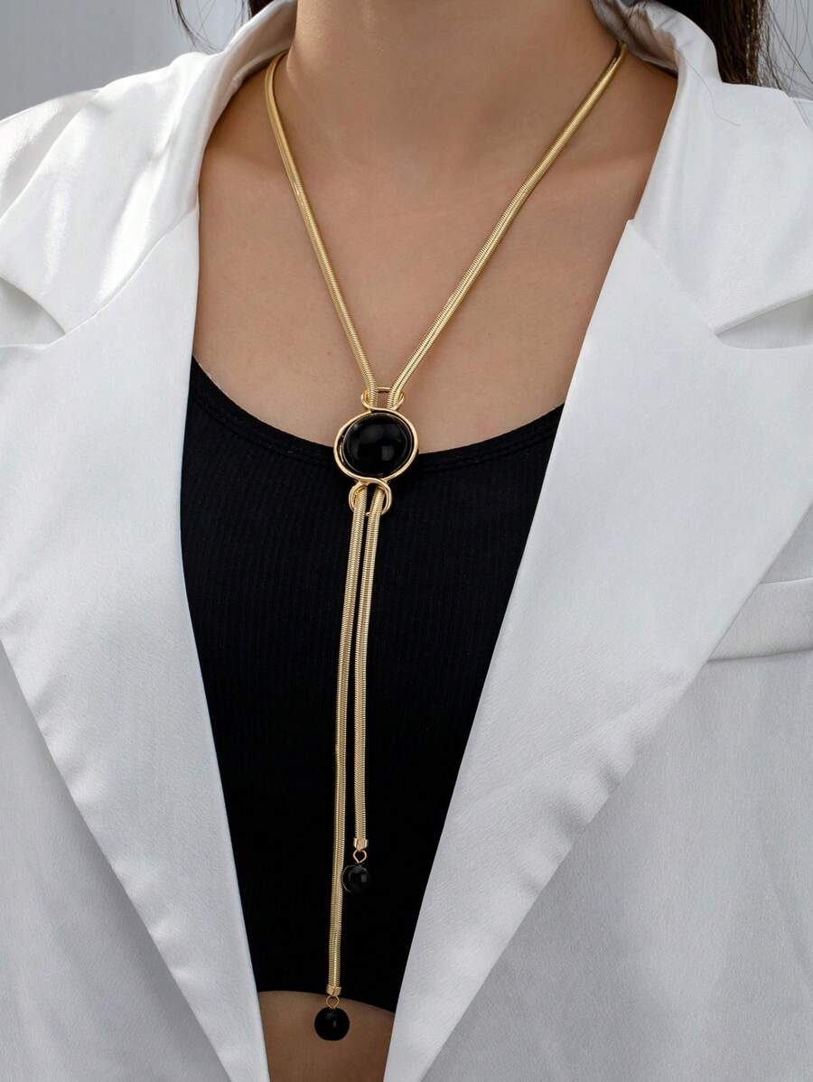 1pc Elegant Luxury Round Pull-Out Design Chain High-Quality Glass Pendant Long Sweater Necklace