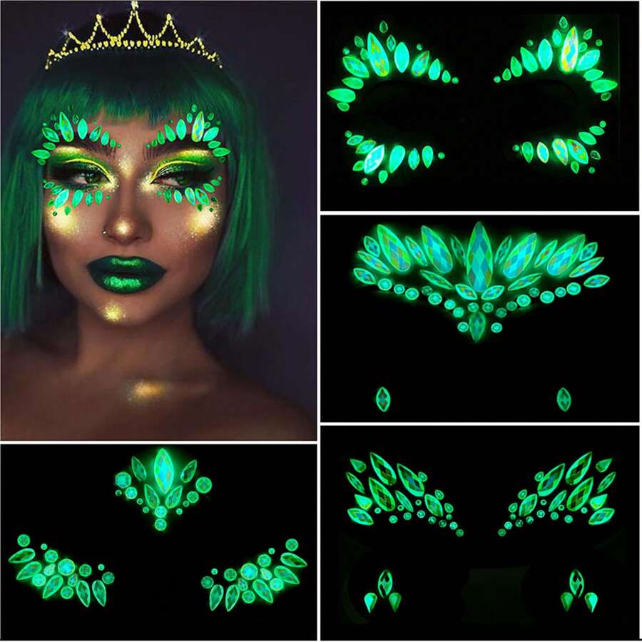 1pc Face 3d Rhinestone Temporary TattooSticker, One Glow In The Dark For Cosplay,Party Decoration