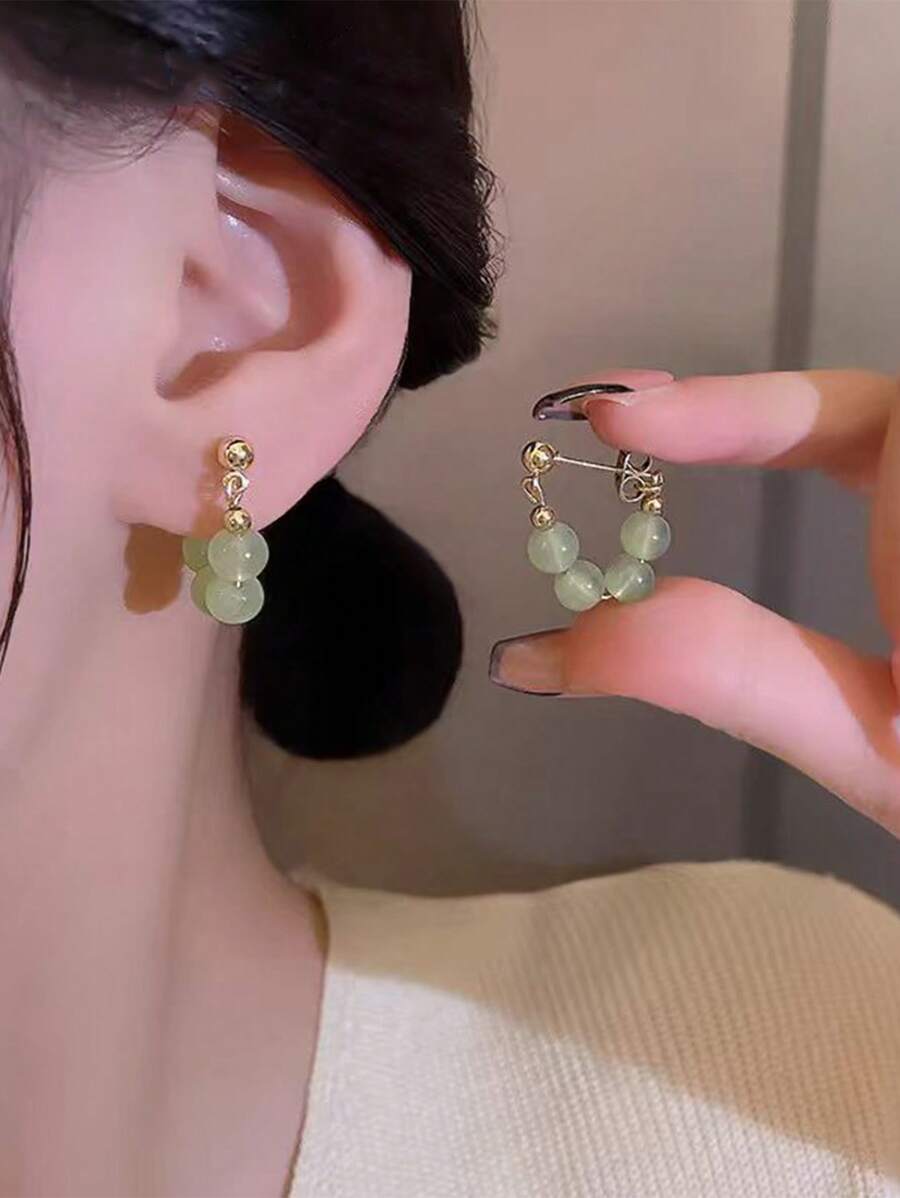1 Par De Brincos Redondos De Contas De Jade Imitação Vintage Para Mulheres, Jóias De Orelha Estilo Retrô Com Sentimento De Alta Classe