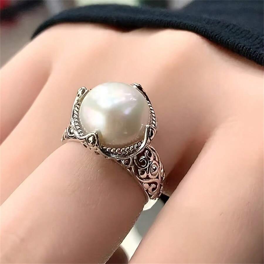 Anillo Simple Para Pareja Con Gran Perla Falsa En Estilo Retro Japonés Y Coreano, El Mejor Regalo Para El Día De La Madre Y El Día Del Padre