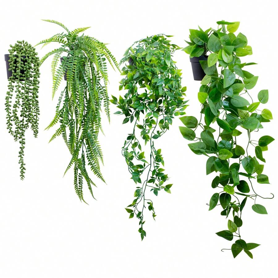 4pcs Artificial Hanging Plants, Potted Green Faux Grass & Ferns Plant, Fake Succulent Plant Hangers, Mandala Vine, Ivy For Wall Shelf, Home, Yard, Garden, Indoors And Outdoors Decoration, Valentine Day, Gift Gifts Birthday Graduation