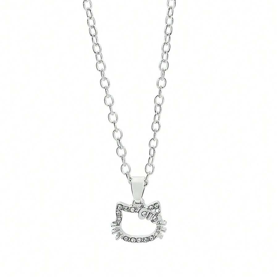 Sanrio 1pc Sanrio Kawaii Hello Kitty Silver Colour Simple Necklace Cartoon Kit Openwork Cat Cute Girl Metal Anime Pendant Necklace
