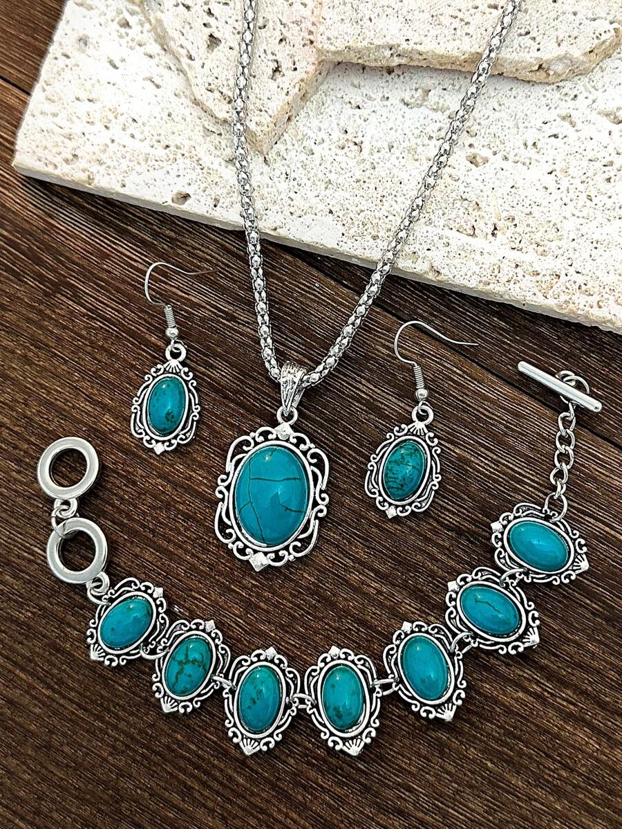 1 Conjunto De Pendientes Decorativos Geométricos De Estilo Bohemio Retro De Moda Con Patrón Turquesa, 2 Pulseras Y 1 Collar Para Mujeres Y Niñas, Perfecto Para Citas, Fiestas, Vacaciones Y Uso Diario.