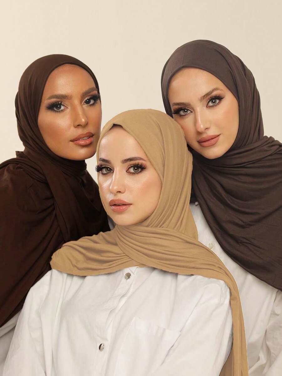 3 pièces Ensemble de hijabs en jersey abordables, écharpe longue de 170*60 cm en couleur unie classique et soyeuse. Convient pour un usage quotidien, décontracté, extérieur, comme cadeau.